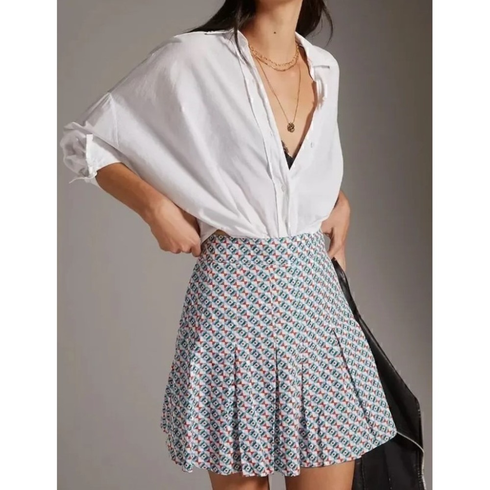 Anthropologie Maeve‎ Cotton Pleated Mini Skirt Size 0 Red Blue Geometric Print